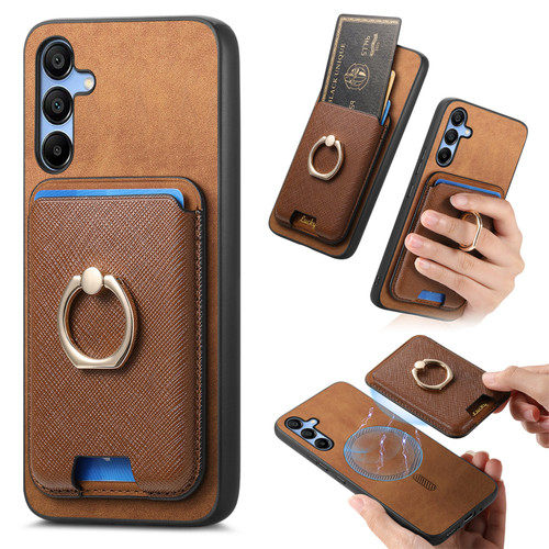 Samsung Galaxy A16 5G Retro Cross Leather Ring Vertical Insert Card Bag MagSafe Phone Case - Brown